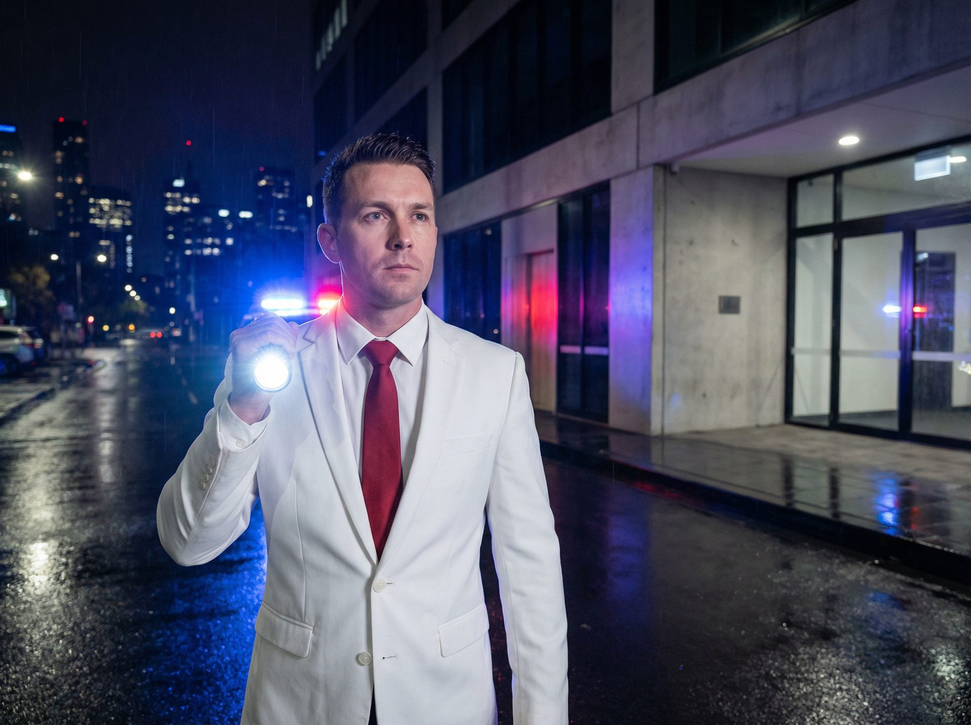 Security guard responding to alarm at Melbourne building at night